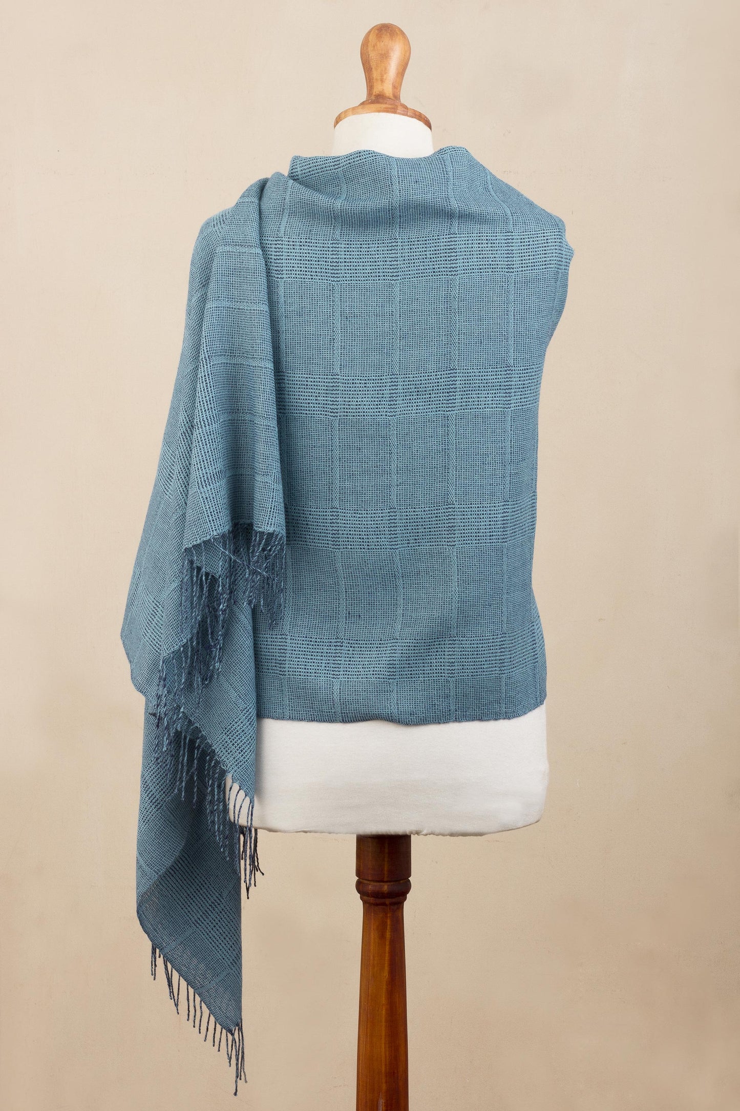 Whispering Azure Azure Blue Patterned Handwoven Baby Alpaca Shawl