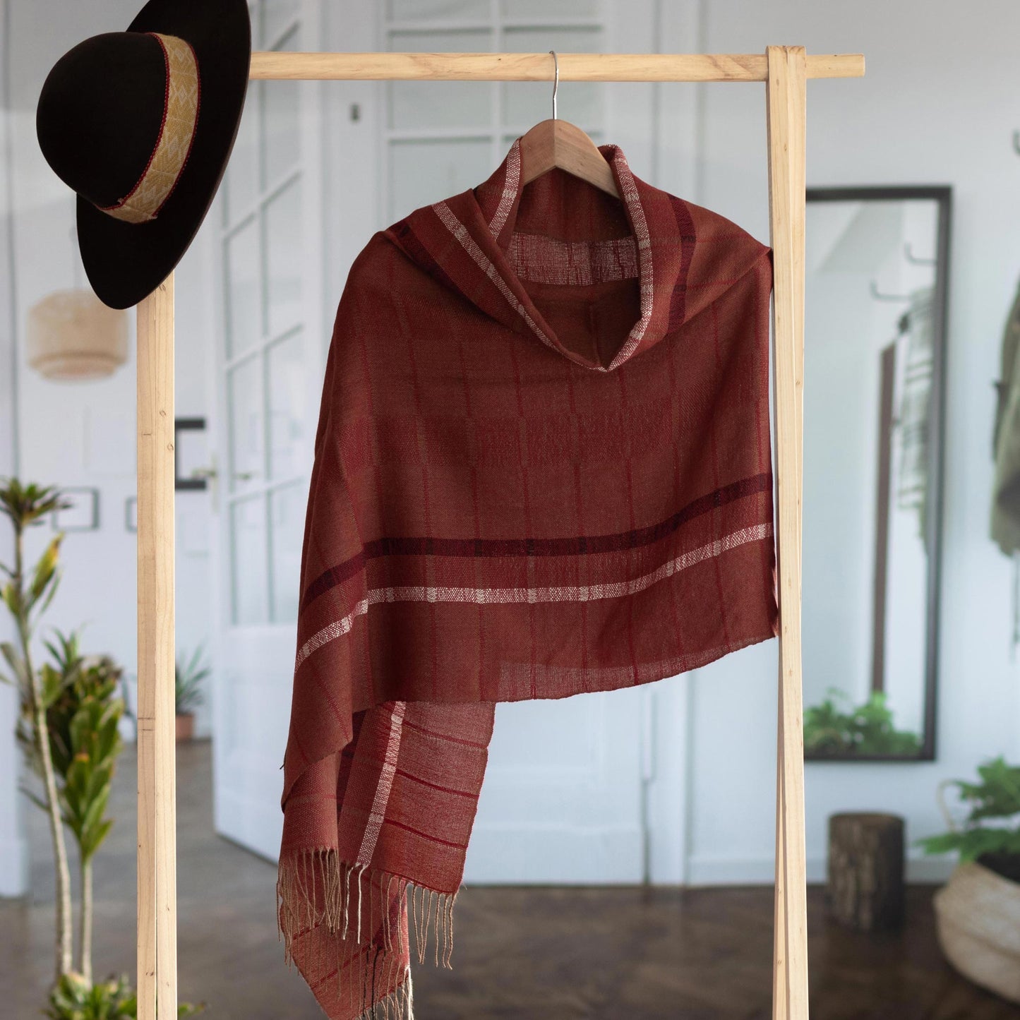 Burgundy Windowpanes Handwoven Patterned Burgundy and Brown Baby Alpaca Shawl