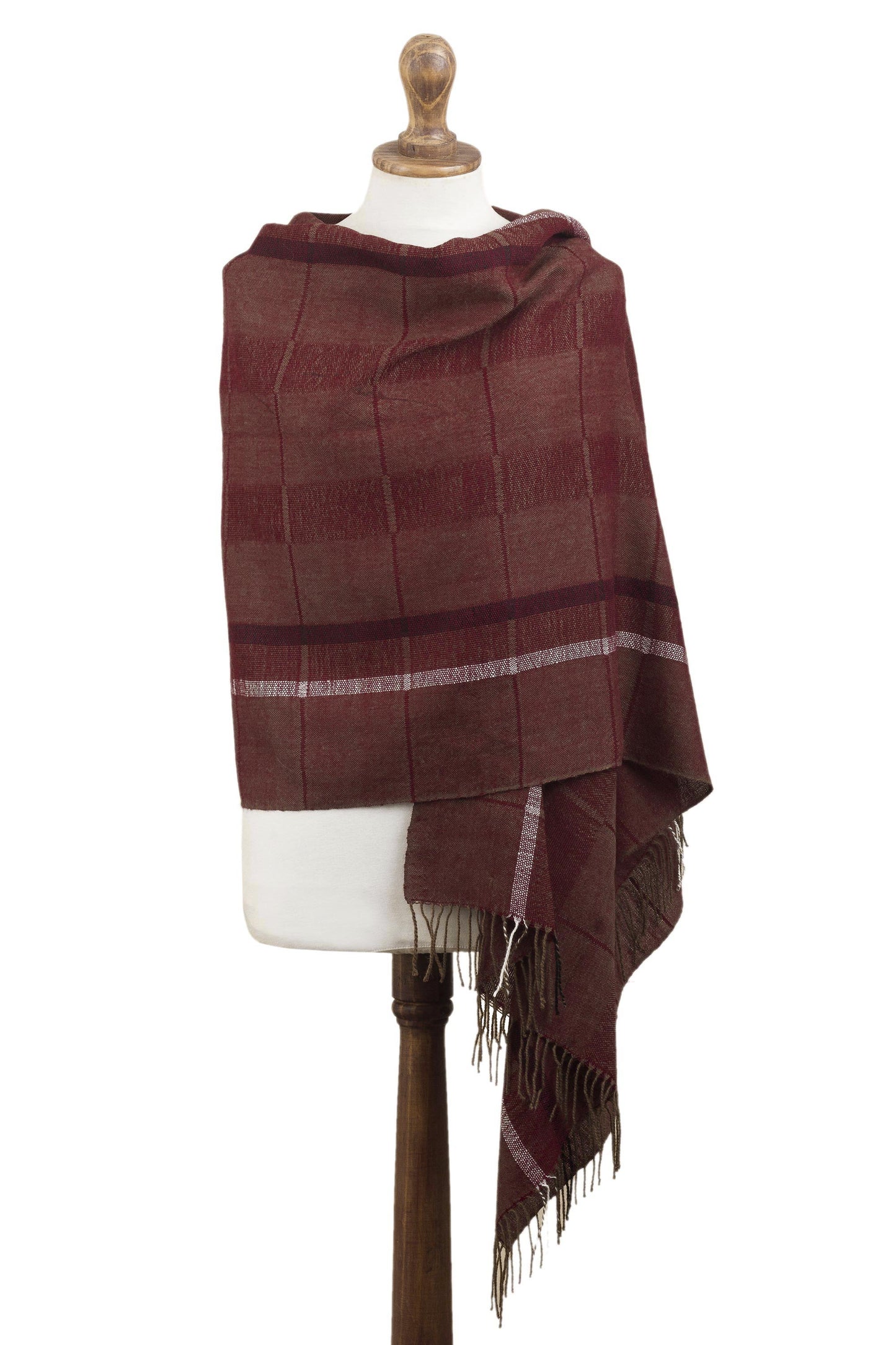 Burgundy Windowpanes Handwoven Patterned Burgundy and Brown Baby Alpaca Shawl