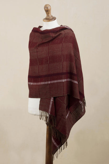 Burgundy Windowpanes Handwoven Patterned Burgundy and Brown Baby Alpaca Shawl