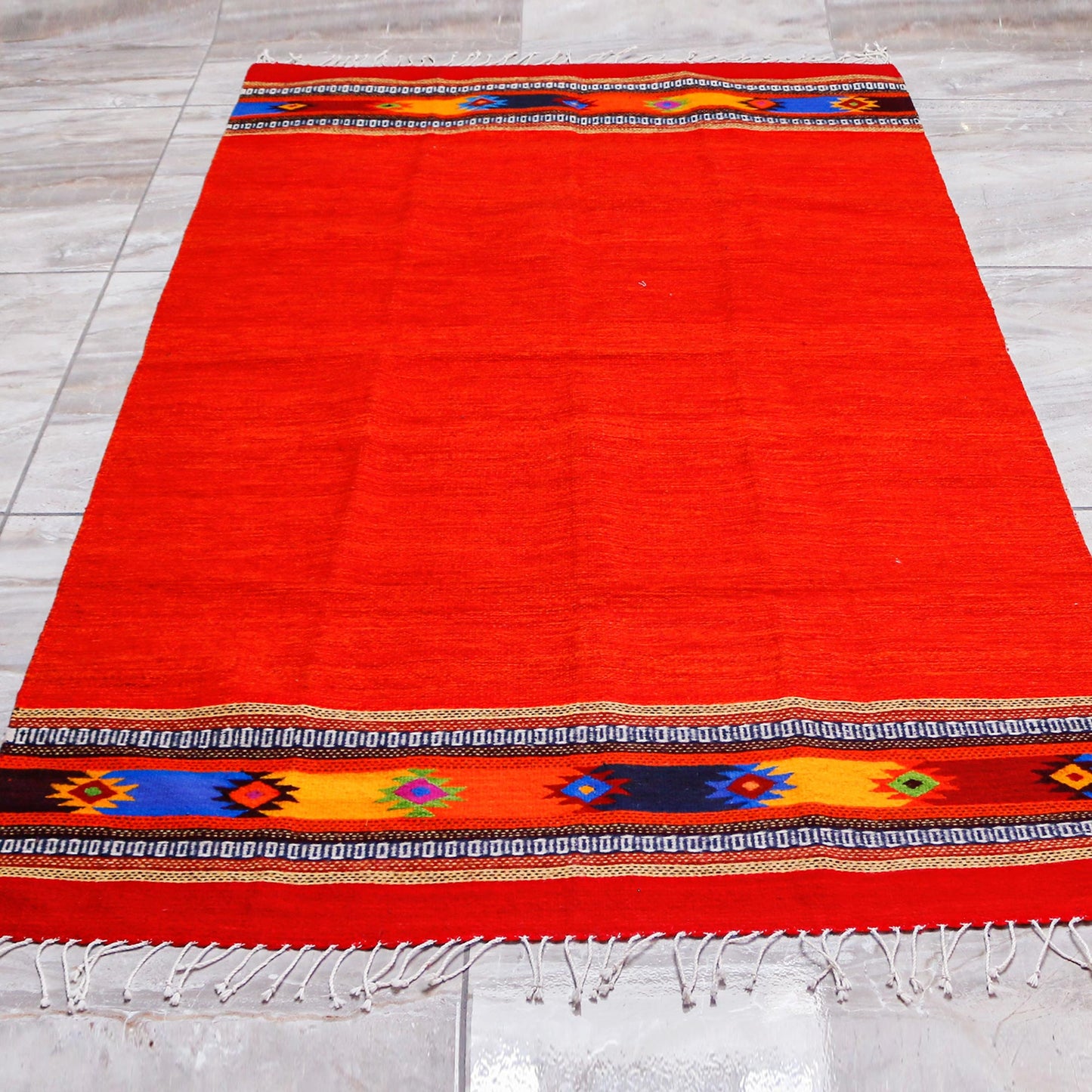 Red Stars Zapotec Bright Red Wool Rug Hand Loomed in Oaxaca (4x6.5)