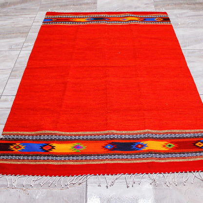 Red Stars Zapotec Bright Red Wool Rug Hand Loomed in Oaxaca (4x6.5)
