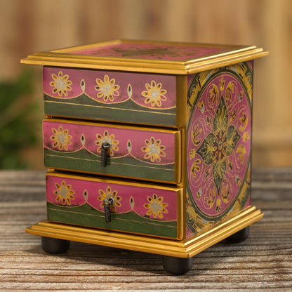 Vintage Floral in Magenta Hand Painted Floral Glass Mini Jewelry Chest
