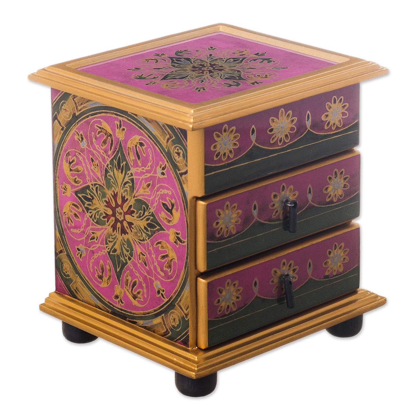 Vintage Floral in Magenta Hand Painted Floral Glass Mini Jewelry Chest