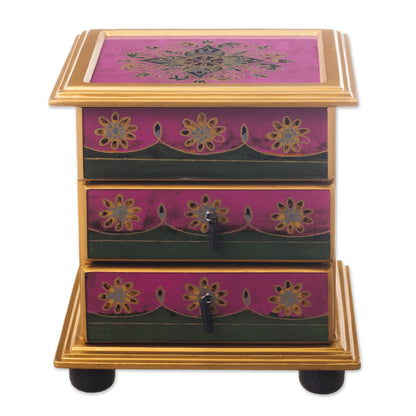 Vintage Floral in Magenta Hand Painted Floral Glass Mini Jewelry Chest