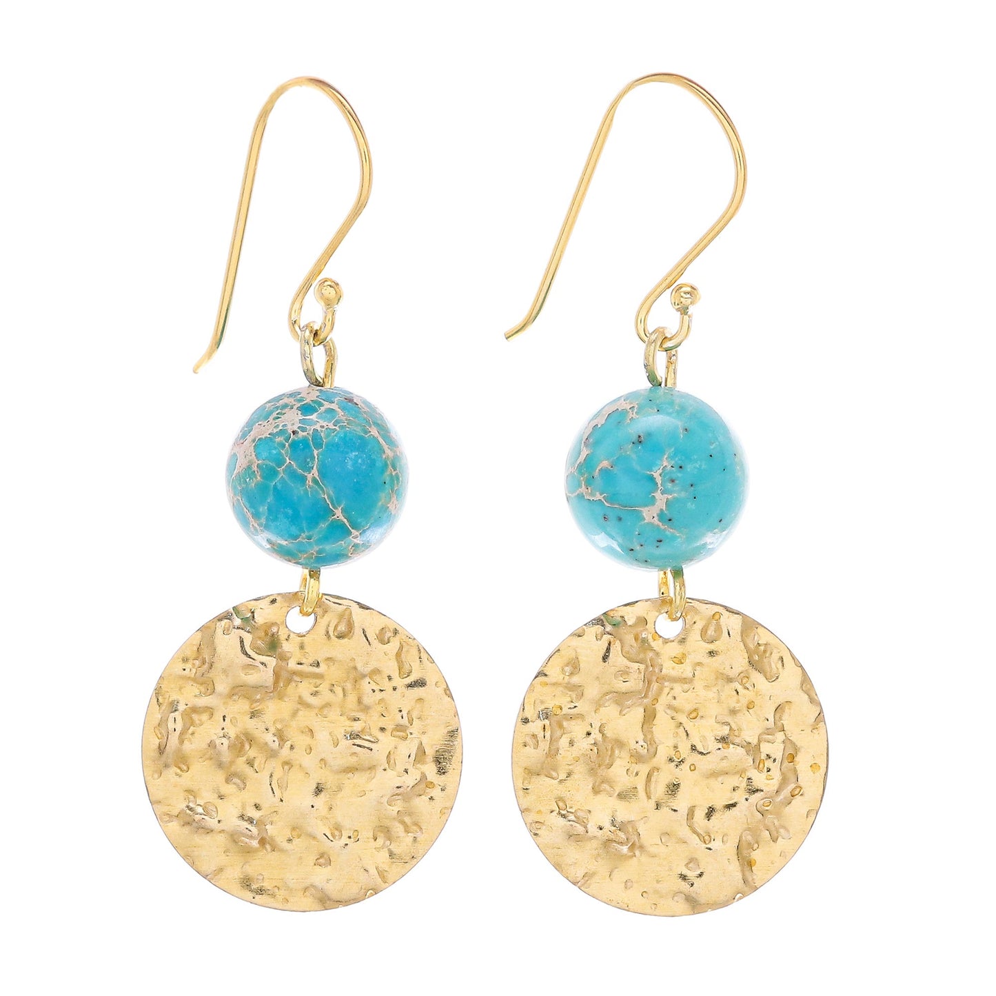 Golden Coin in Turquoise Reconstituted Turquoise Bead and Brass Coin Dangle Earrings