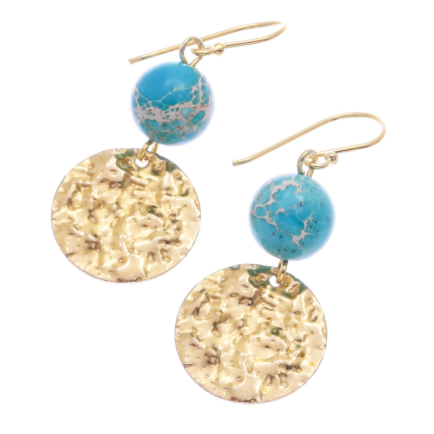 Golden Coin in Turquoise Reconstituted Turquoise Bead and Brass Coin Dangle Earrings