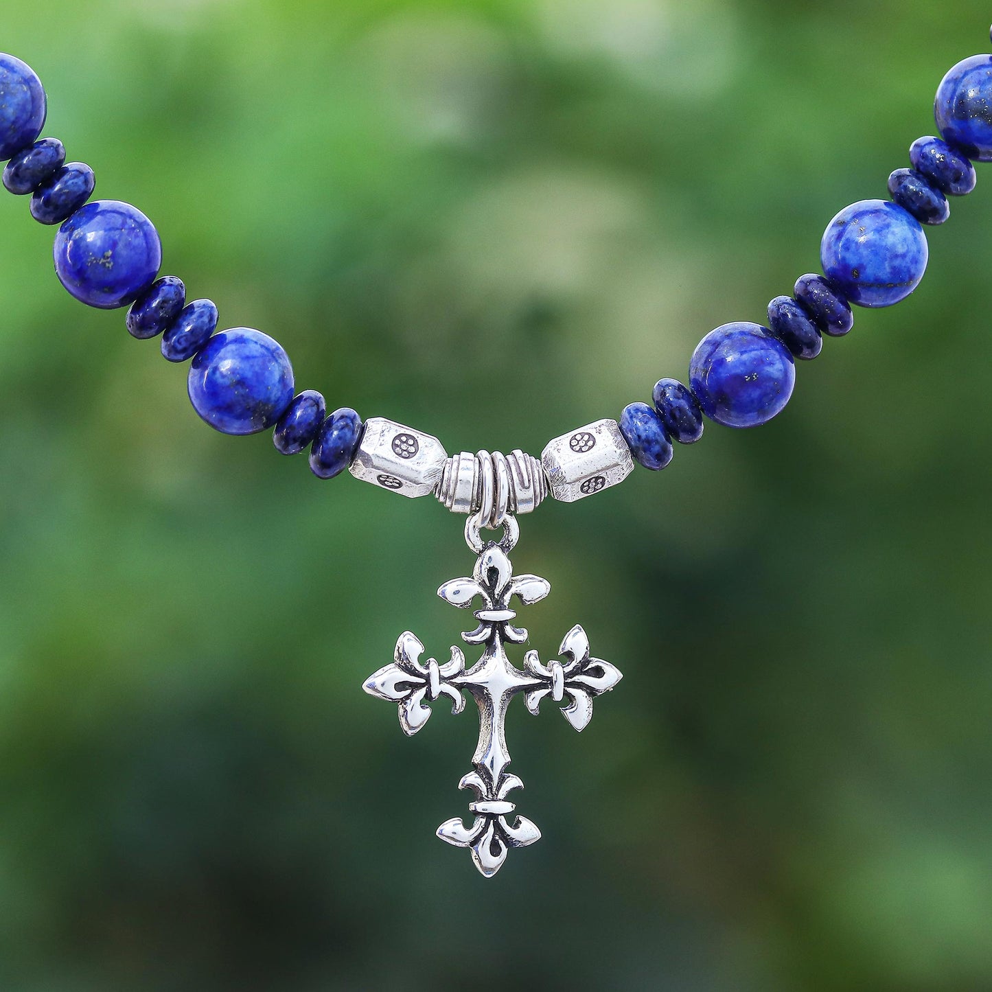 Sky and Sea Cross Handmade Lapis Lazuli Beaded Pendant Necklace