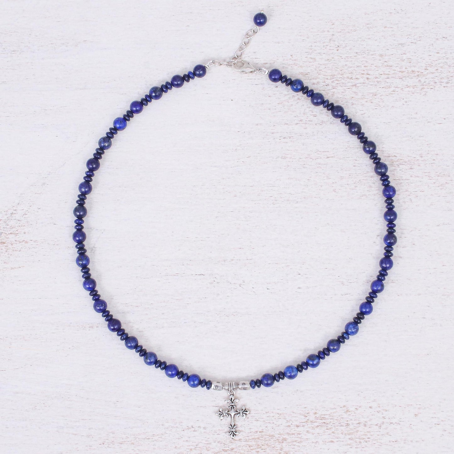 Sky and Sea Cross Handmade Lapis Lazuli Beaded Pendant Necklace