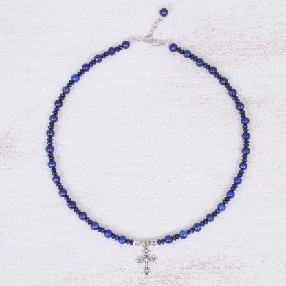 Sky and Sea Cross Handmade Lapis Lazuli Beaded Pendant Necklace