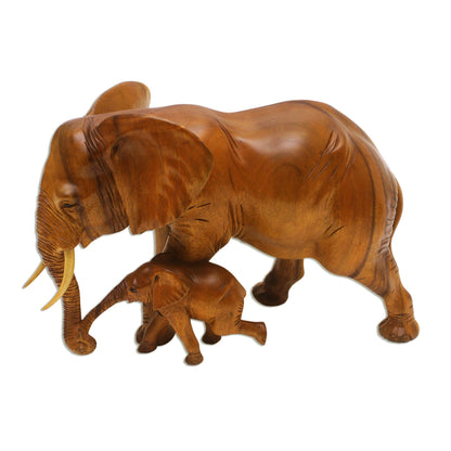 Elephant and Calf Suar Wood Elephant Mother and Baby Sculpture