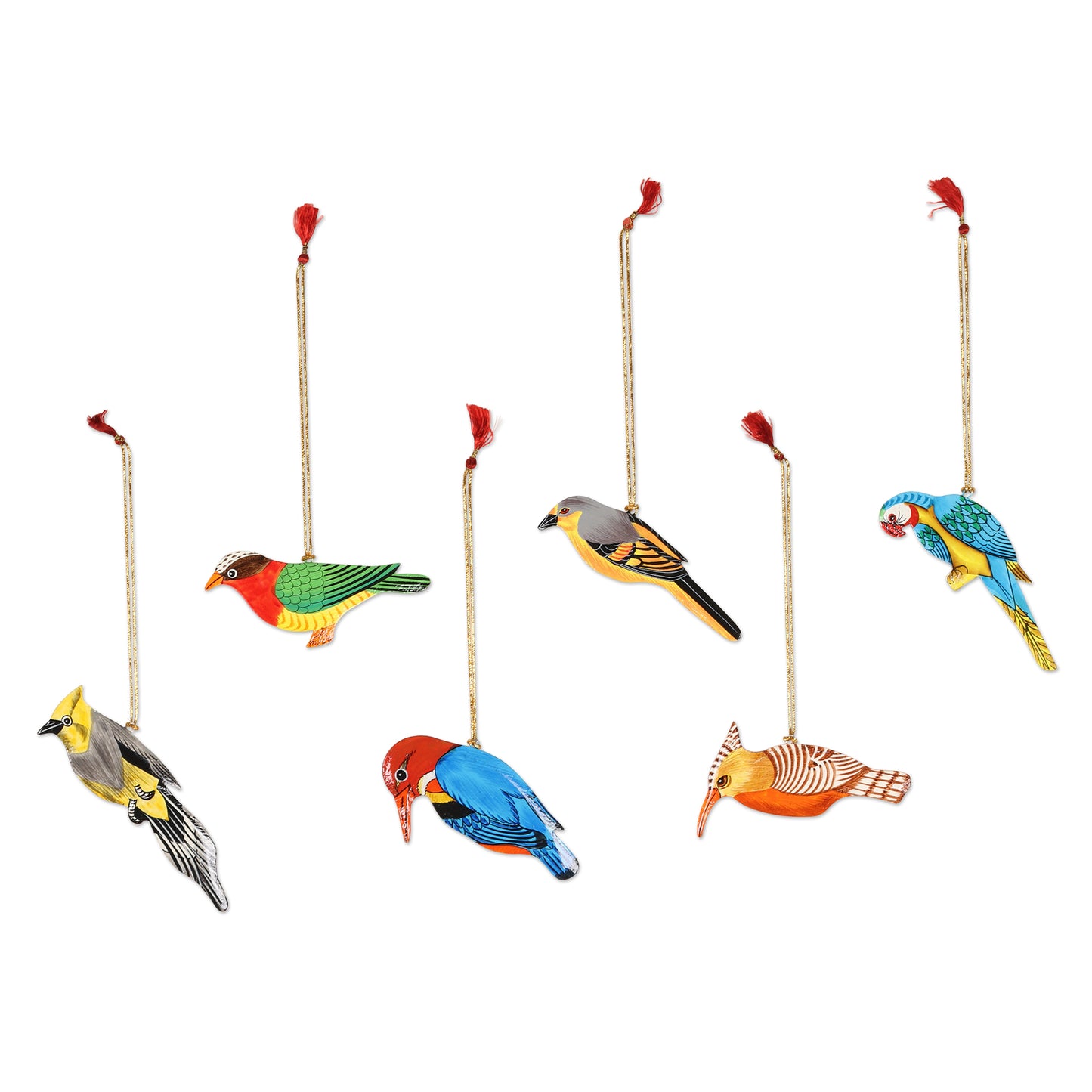 Festive Birds Hand-Painted Assorted Bird Ornaments (Set of 6)