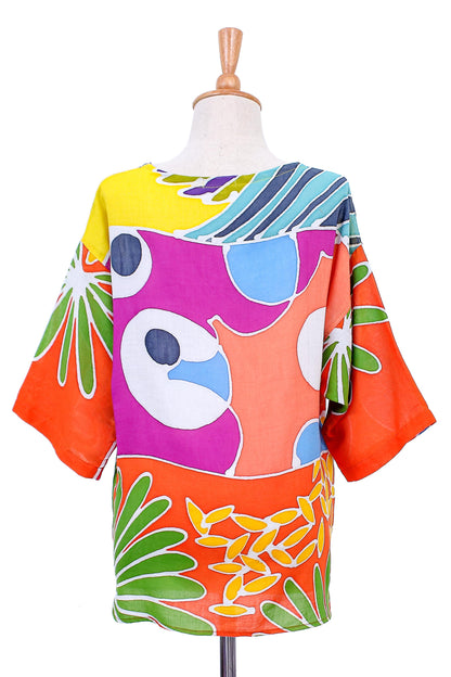 Beach Party Tropical Patterned Cotton Batik Blouse from Thailand