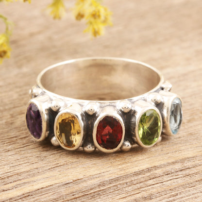 Rainbow Beauty Faceted Multi Gemstone Sterling Silver Cocktail Ring