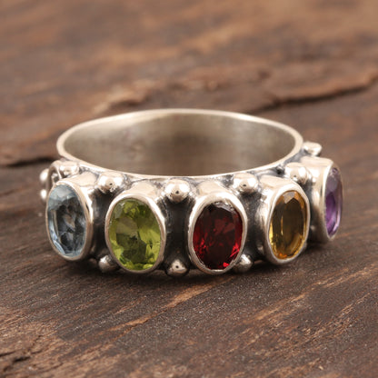 Rainbow Beauty Faceted Multi Gemstone Sterling Silver Cocktail Ring