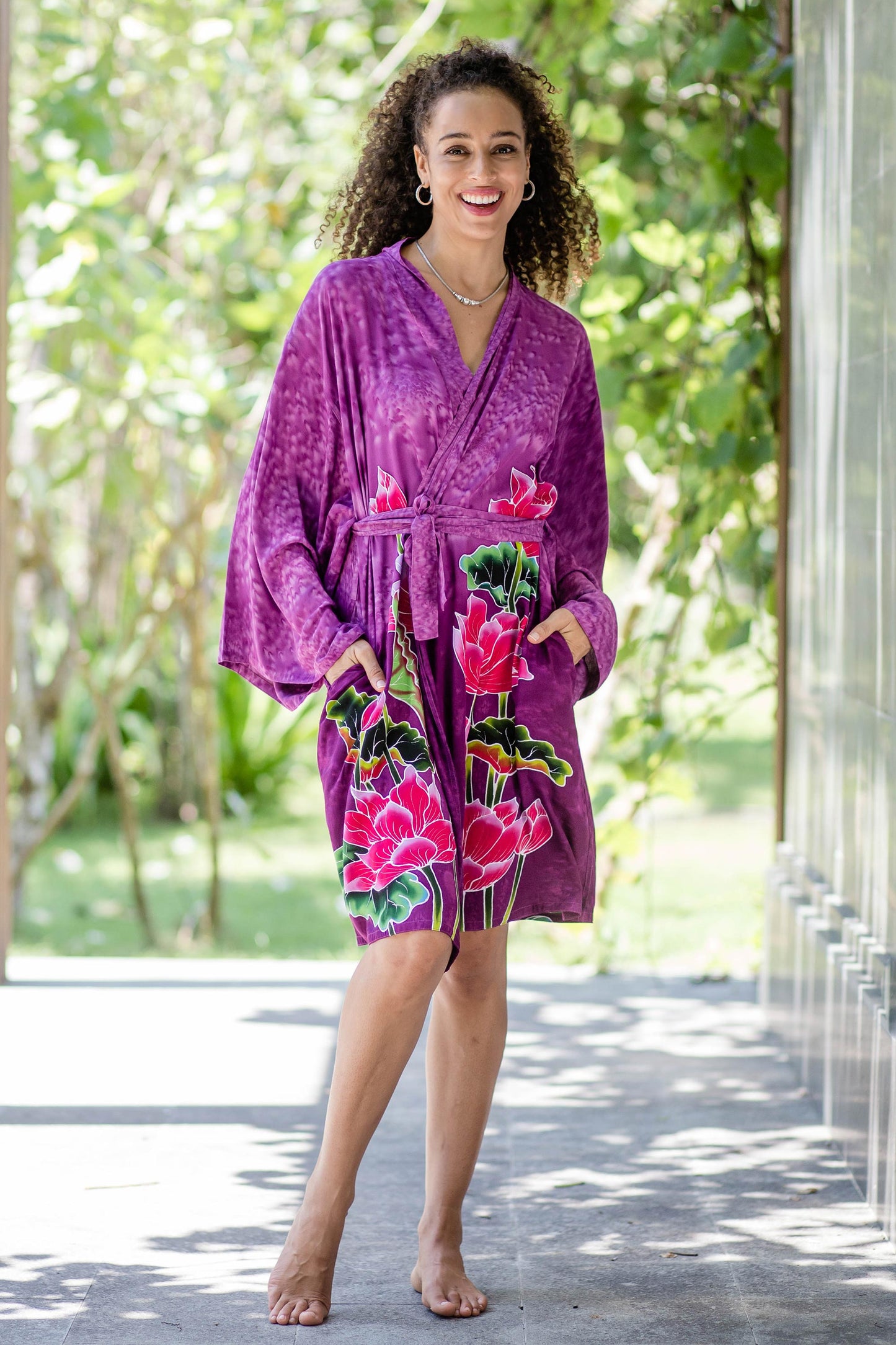 Pink Lotus Hand-Painted Lotus Flower Rayon Robe