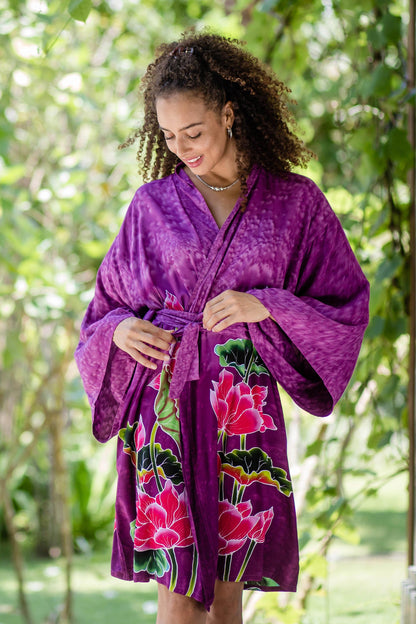 Pink Lotus Hand-Painted Lotus Flower Rayon Robe