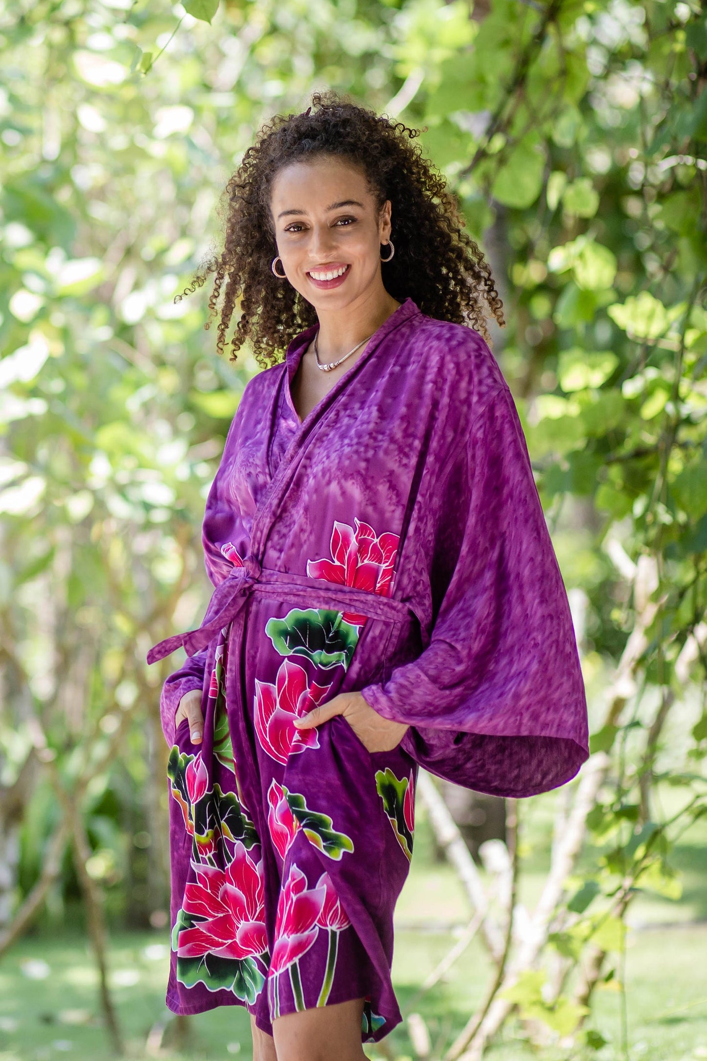 Pink Lotus Hand-Painted Lotus Flower Rayon Robe