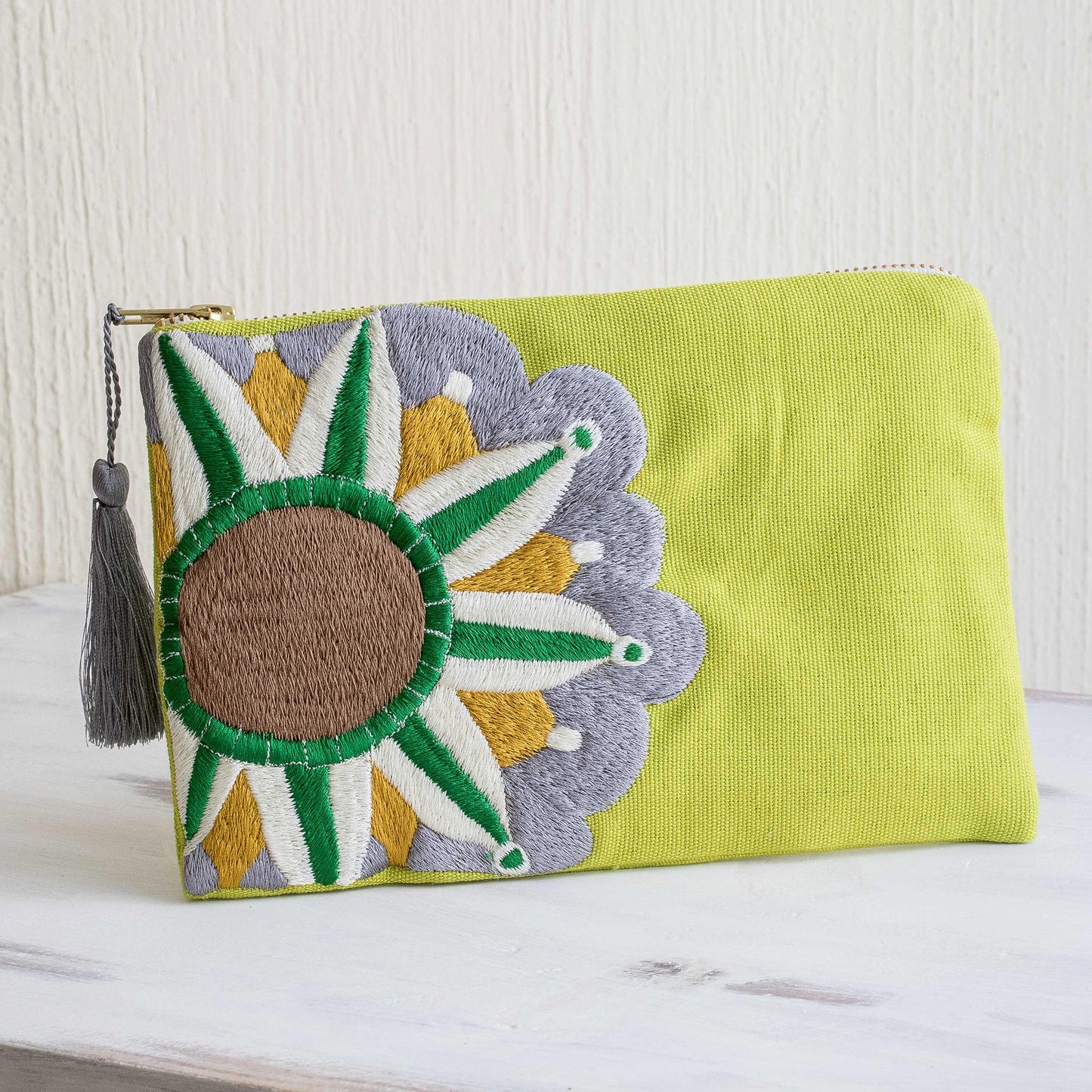 Golden Lime Sunshine Sun Motif Embroidered Chartreuse Cotton Cosmetic Bag