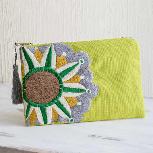 Golden Lime Sunshine Sun Motif Embroidered Chartreuse Cotton Cosmetic Bag