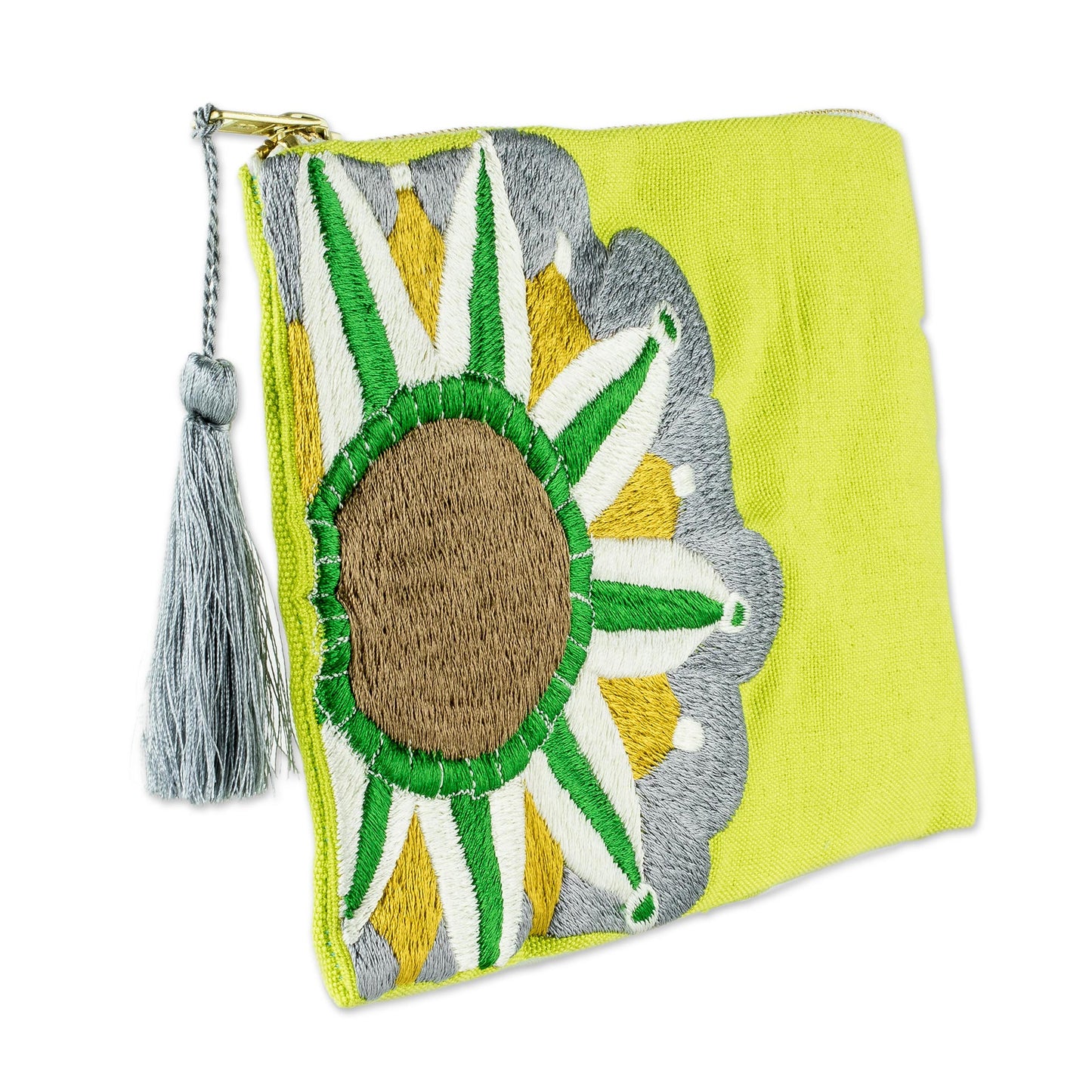 Golden Lime Sunshine Sun Motif Embroidered Chartreuse Cotton Cosmetic Bag