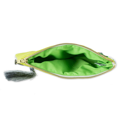 Golden Lime Sunshine Sun Motif Embroidered Chartreuse Cotton Cosmetic Bag