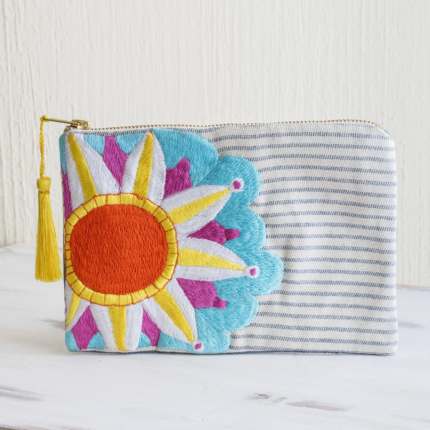 Sky Blue Sunshine Sun Motif Embroidered Cotton Denim Cosmetic Bag