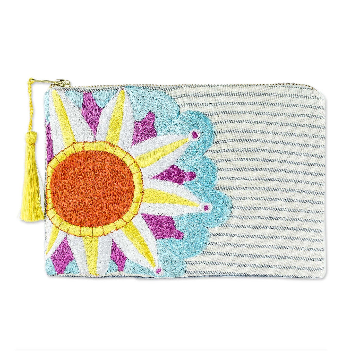 Sky Blue Sunshine Sun Motif Embroidered Cotton Denim Cosmetic Bag