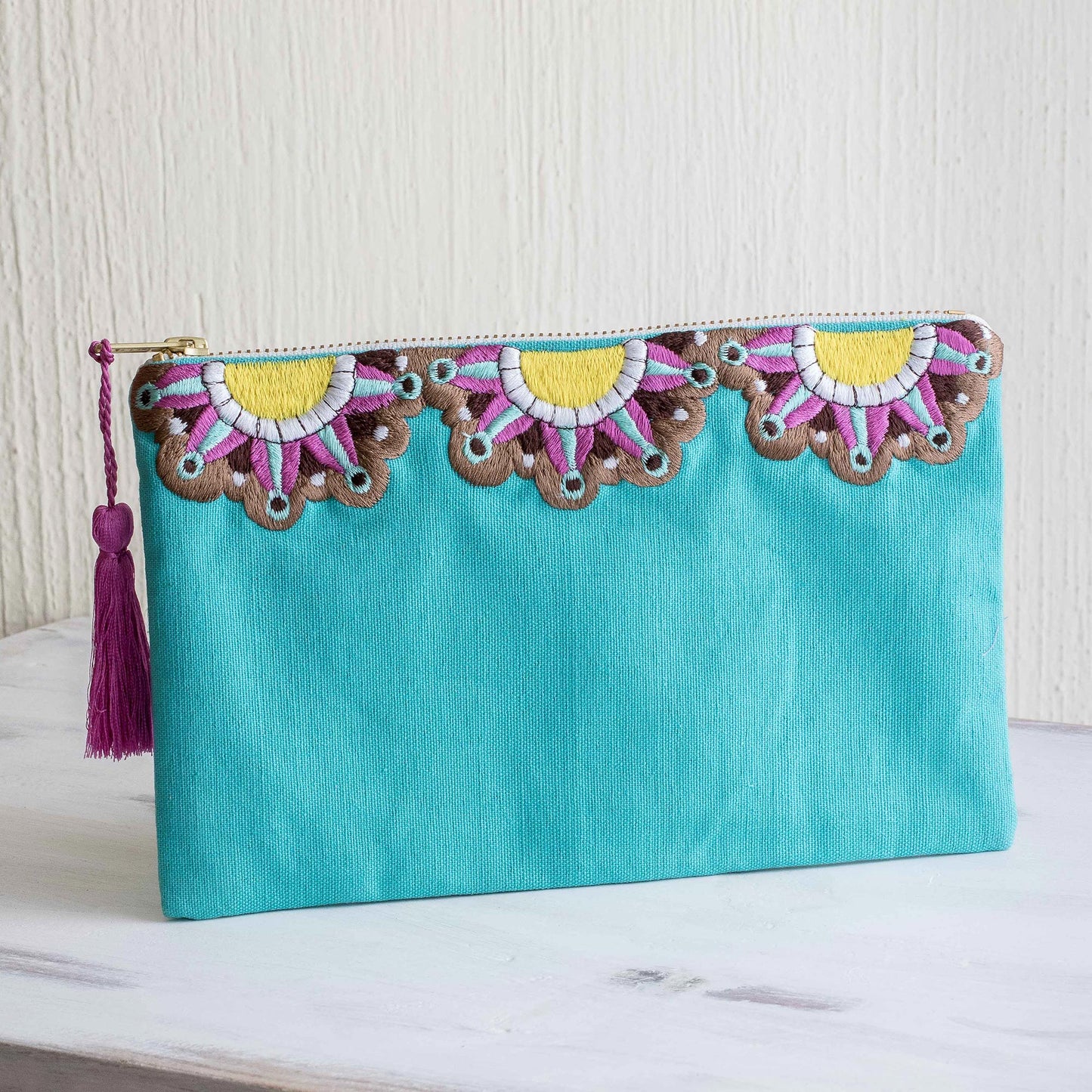 Turquoise Sunbeams Sun Motif Embroidered Turquoise Cotton Cosmetic Bag