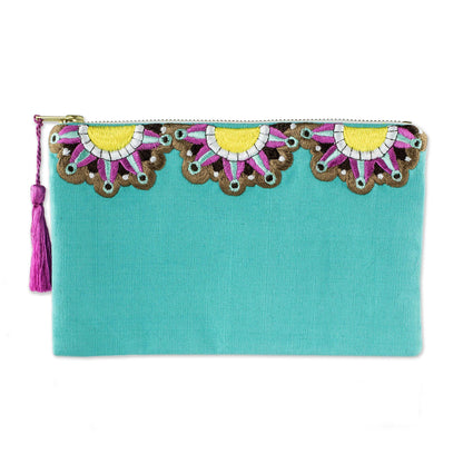 Turquoise Sunbeams Sun Motif Embroidered Turquoise Cotton Cosmetic Bag