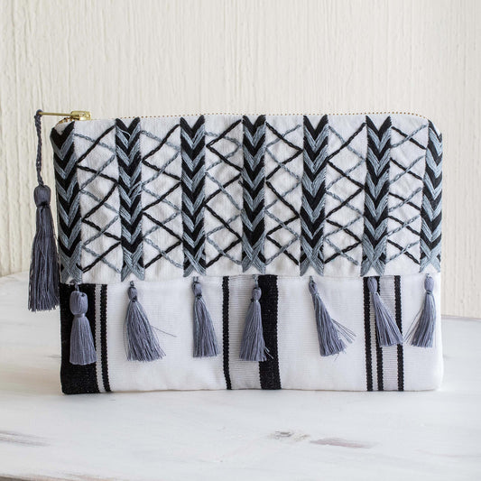 Monochrome Zigzags Black & Grey Embroidered White Cotton Cosmetic Bag