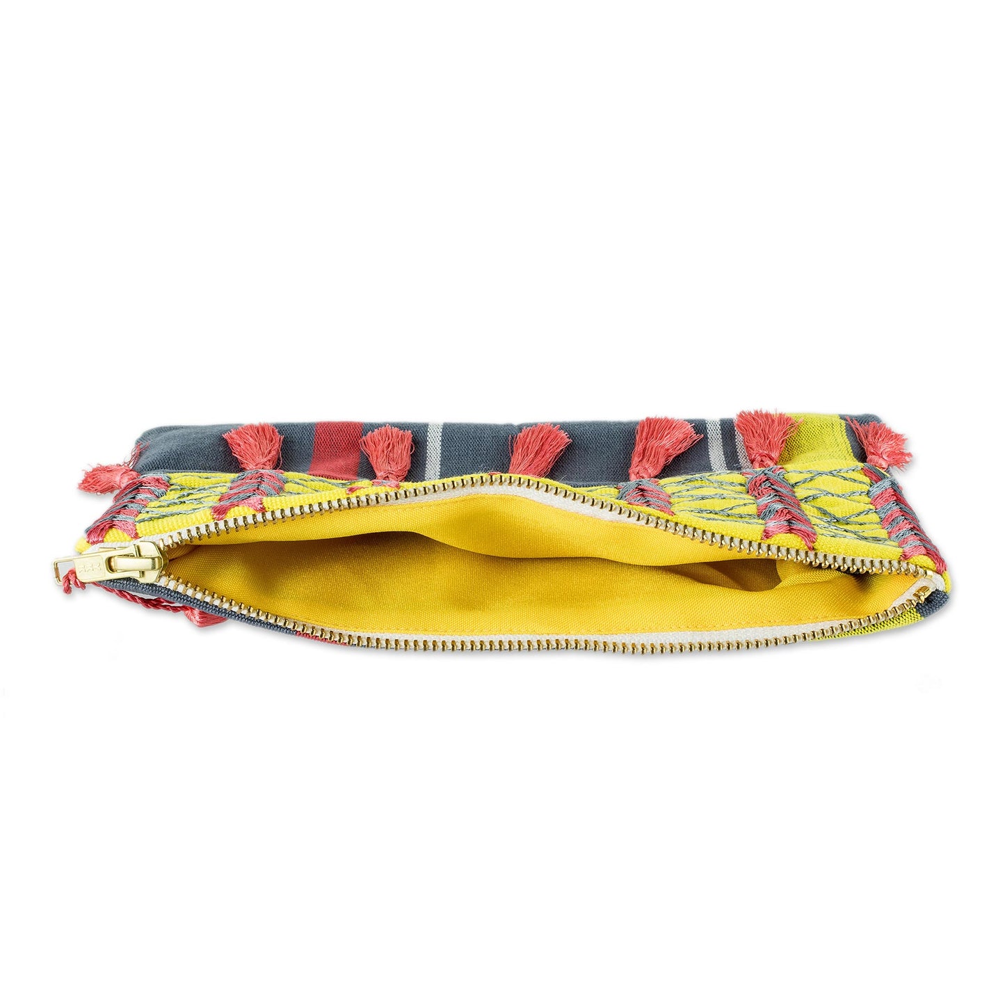 Pink Zigzags Pink and Yellow Embroidered Grey Cotton Cosmetic Bag