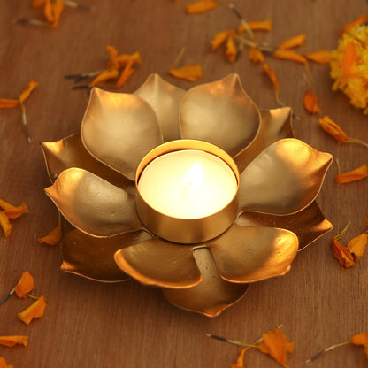 Golden Lotus Glow Gold Finish Steel Lotus Blossom Tealight Candleholder