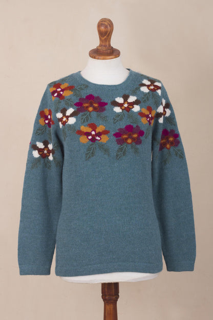 Turquoise Garden Intarsia Knit Turquoise Floral Alpaca Sweater