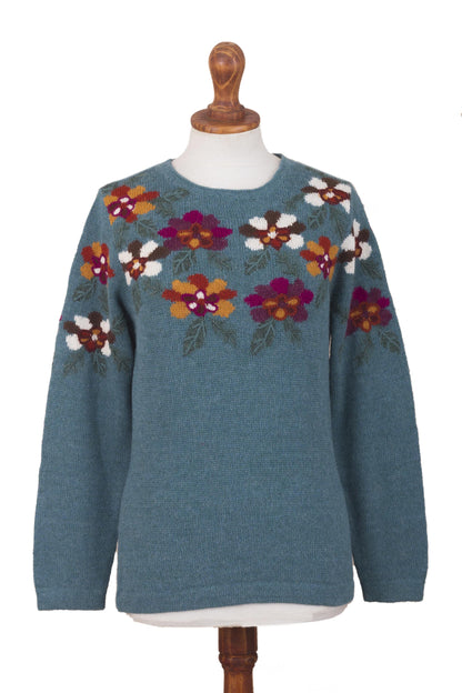 Turquoise Garden Intarsia Knit Turquoise Floral Alpaca Sweater