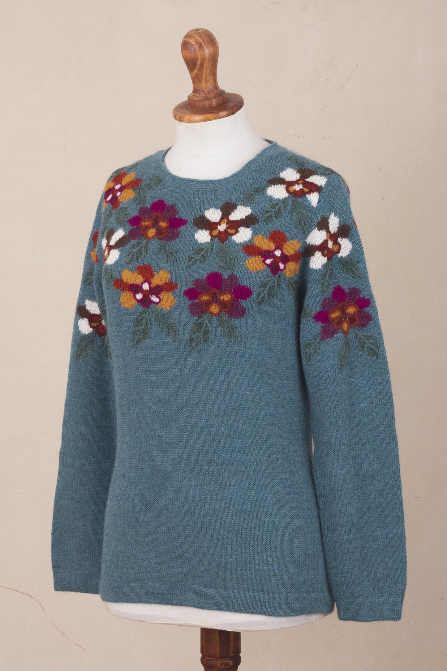 Turquoise Garden Intarsia Knit Turquoise Floral Alpaca Sweater