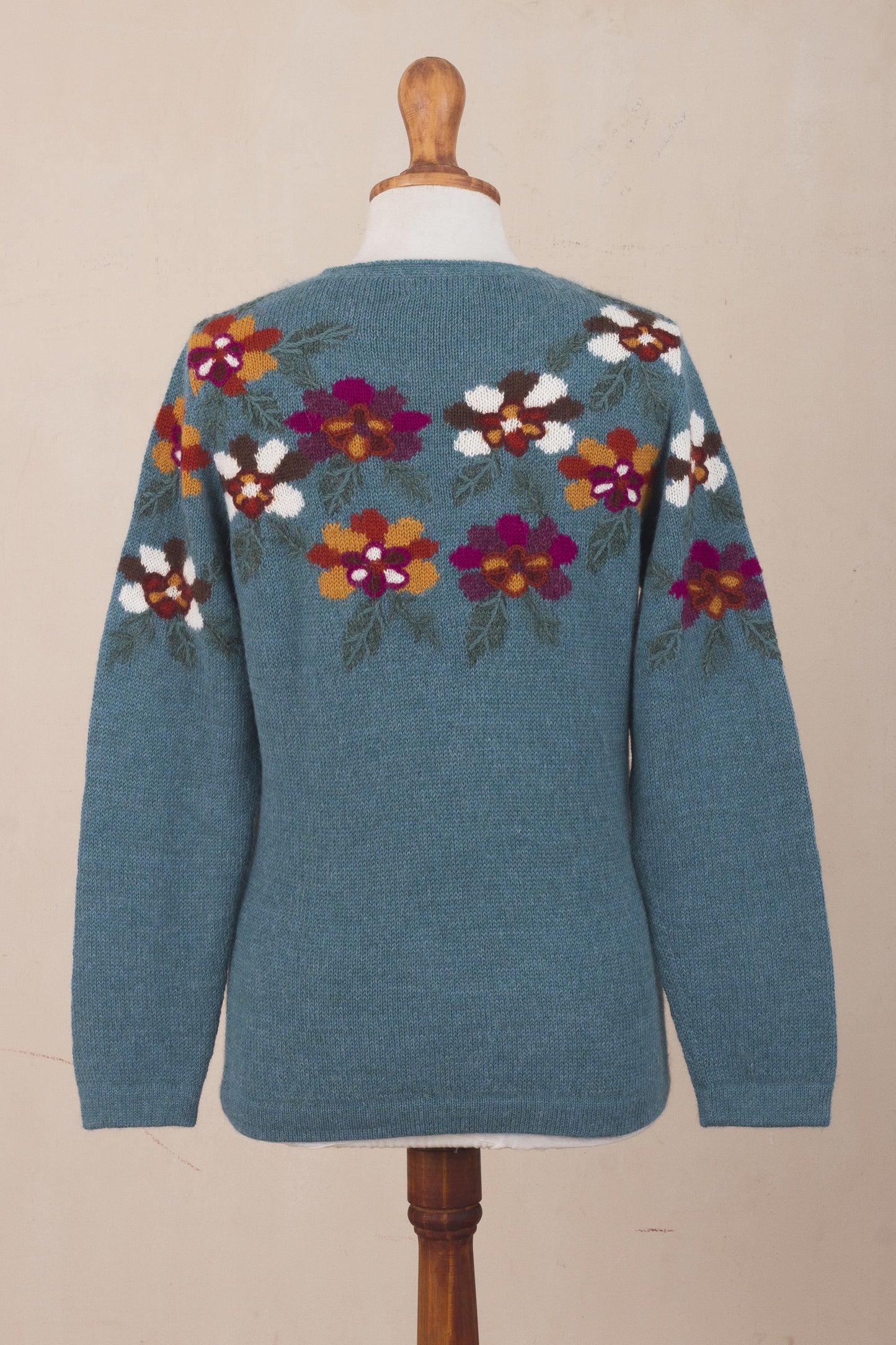 Turquoise Garden Intarsia Knit Turquoise Floral Alpaca Sweater
