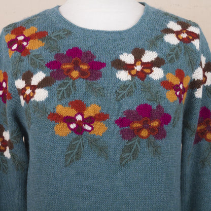 Turquoise Garden Intarsia Knit Turquoise Floral Alpaca Sweater