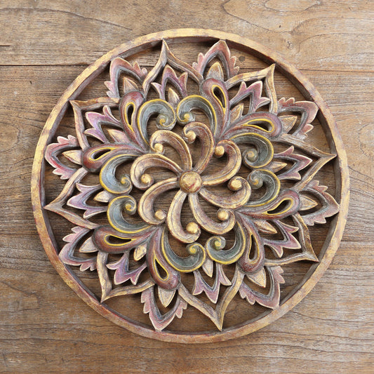 Twilight Flower Hand Carved Suar Wood Floral Relief Panel