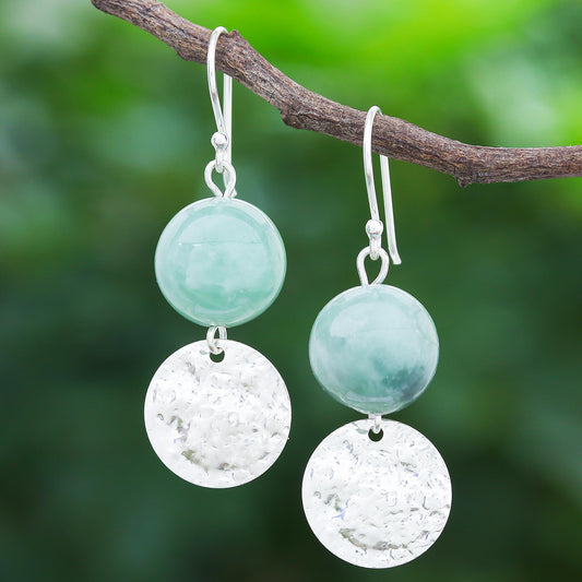 Shining Moon in Green Hand Made Jade and Sterling Silver Dangle Earrings