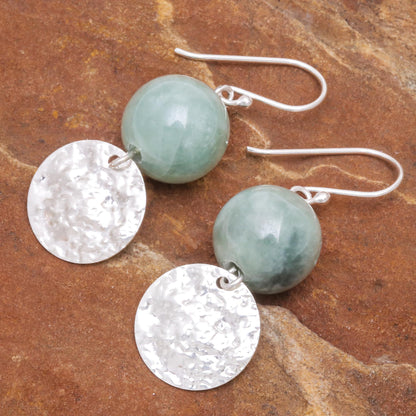 Shining Moon in Green Hand Made Jade and Sterling Silver Dangle Earrings