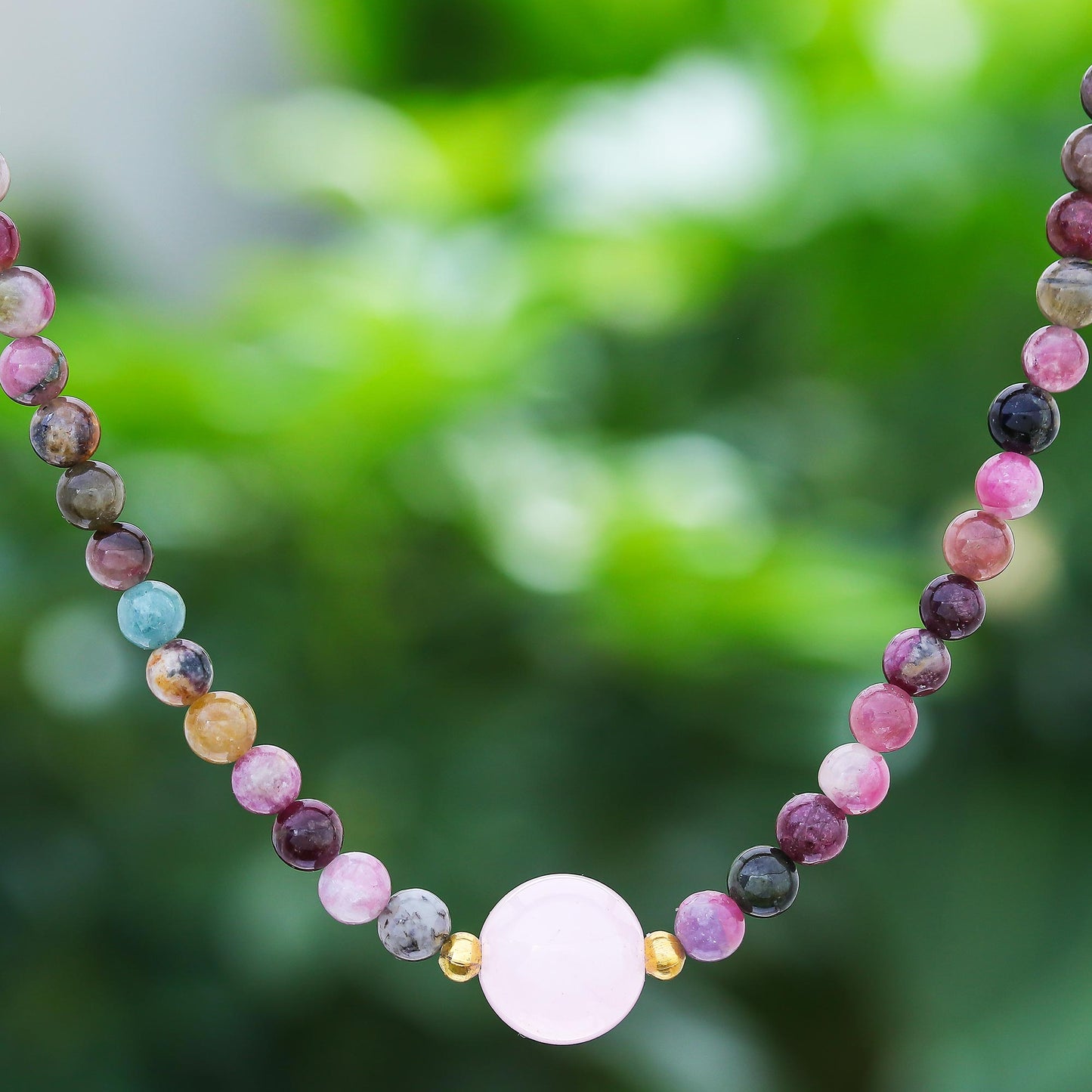 Precious Orb in Rose Hand Made Tourmaline and Rose Quartz Beaded Necklace