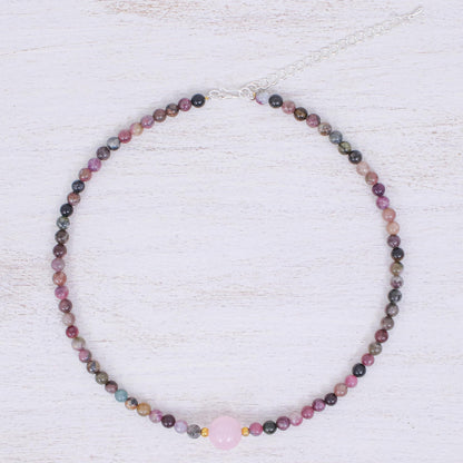 Precious Orb in Rose Hand Made Tourmaline and Rose Quartz Beaded Necklace