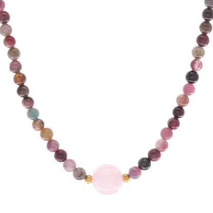 Precious Orb in Rose Hand Made Tourmaline and Rose Quartz Beaded Necklace