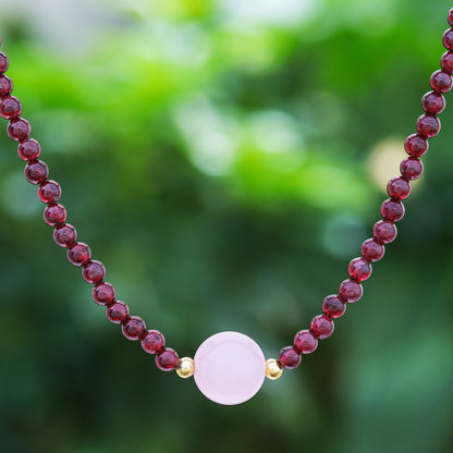 Precious Orb in Crimson Handmade Garnet and Rose Quartz Beaded Necklace