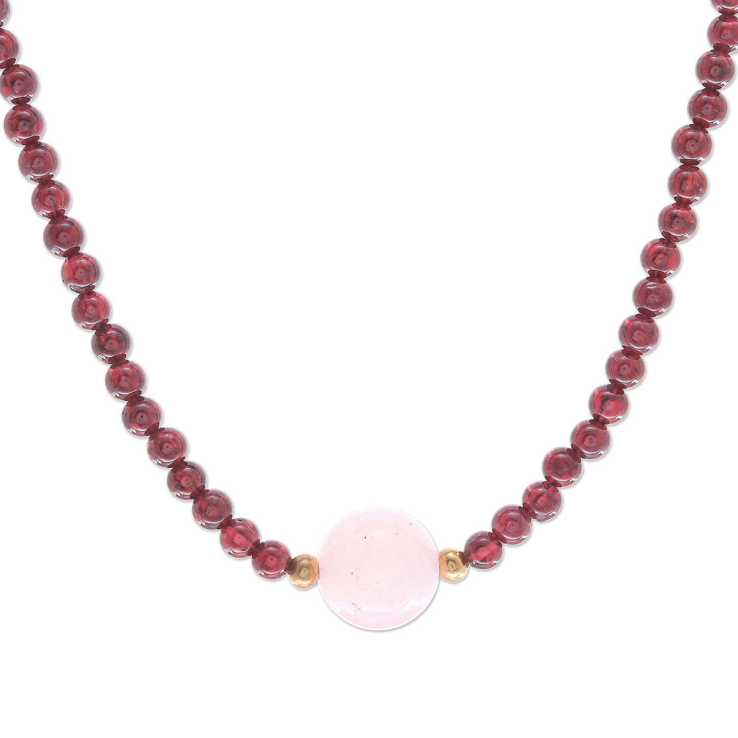 Precious Orb in Crimson Handmade Garnet and Rose Quartz Beaded Necklace