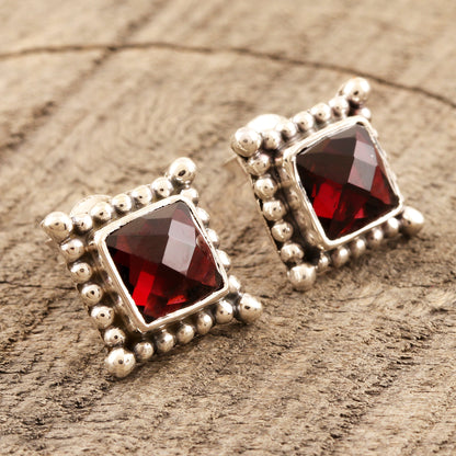 Picture Perfect in Red Checkerboard Faceted Garnet Sterling Silver Stud Earrings