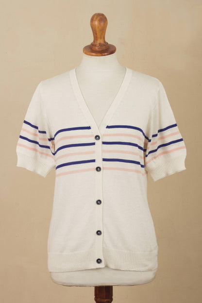 Desert Sunrise Cotton Blend Short Sleeve Striped Cardigan from Peru