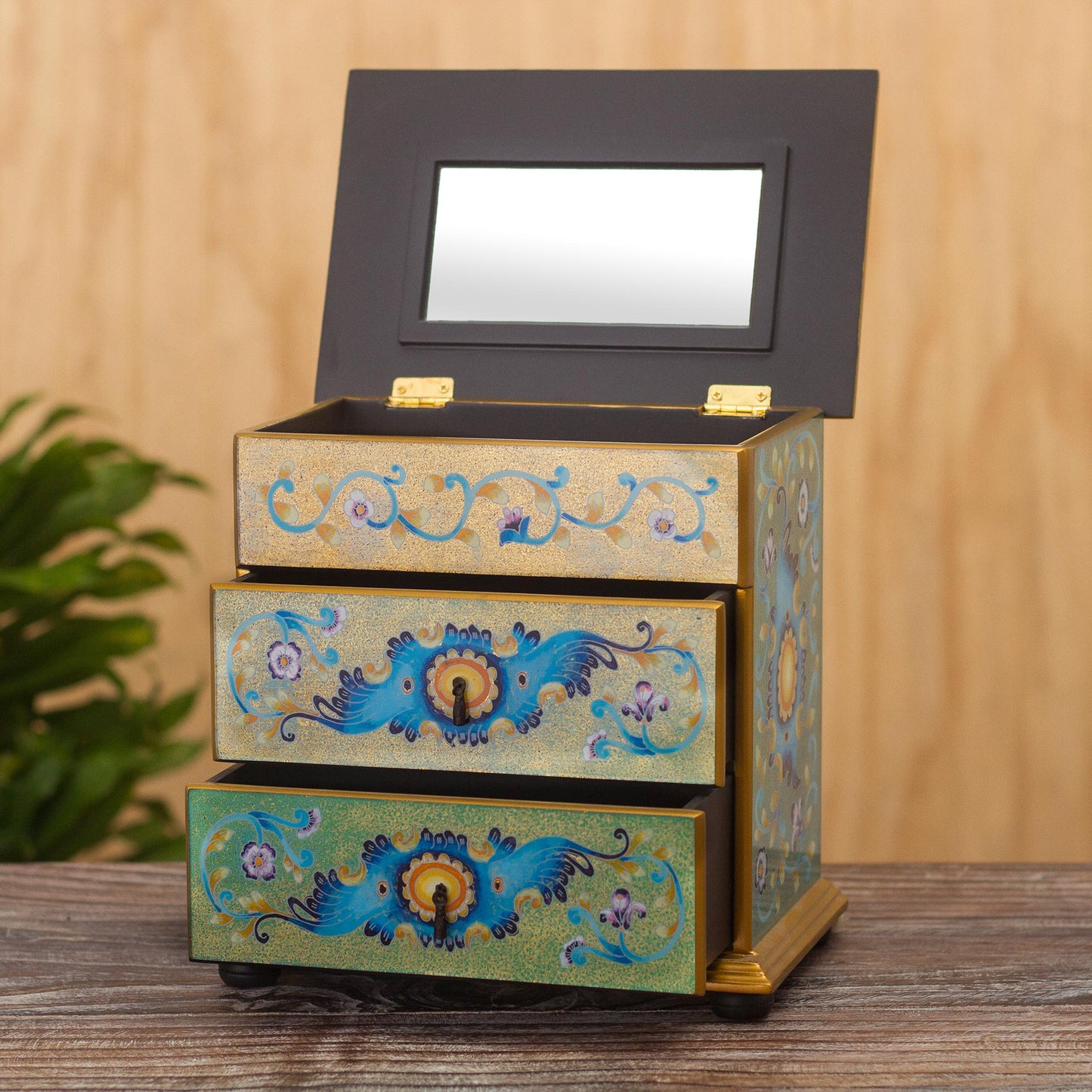 Spring Splendor Peruvian Reverse-Painted Glass Jewelry Chest