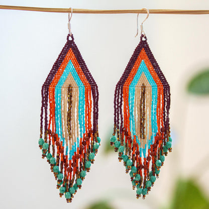 Peach and Aqua Waterfall Huichol Beadwork Peach-Aqua-Tangerine Waterfall Earrings